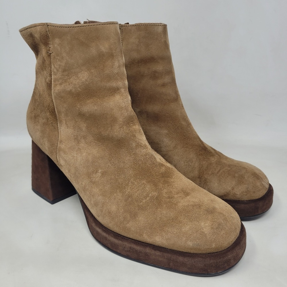 Paul Green Boots 7.5 Brown Suede Square Toe Platform Block Heel Ankle Chunky 70s